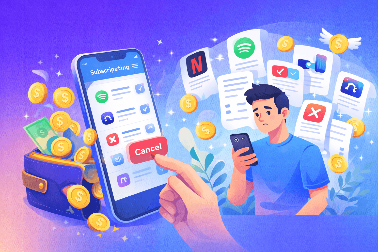 Illustration of a user managing and canceling unused subscriptions to save monthly expenses